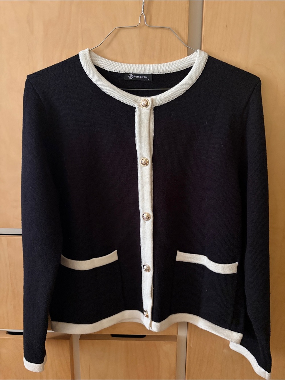 Black Cardigan with Cream Trim and Gold Buttons